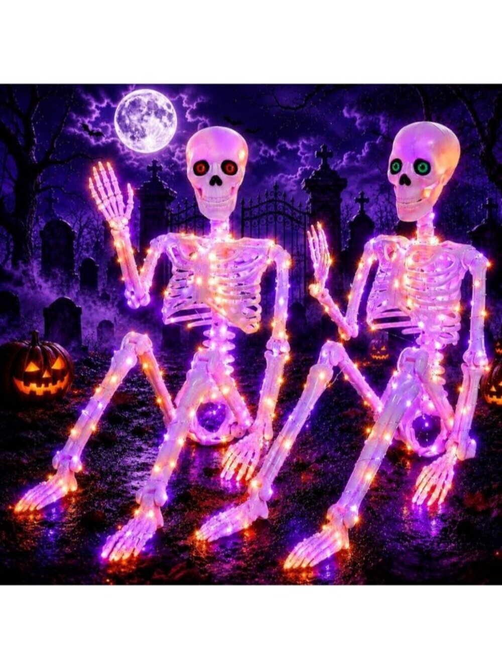 36" Halloween Skeleton 2 Pack with Eyes (Purple&Orange Mix Light) Outdoor Decor